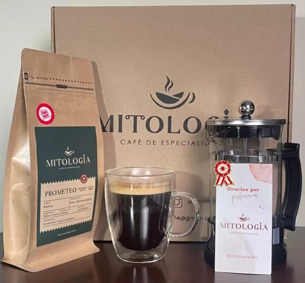 Box Cafetero 1 con prensa francesa, café y taza de doble vidrio