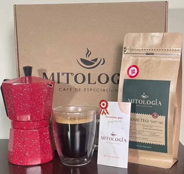 Box Cafetero 2 con moka italiana, café y taza de doble vidrio